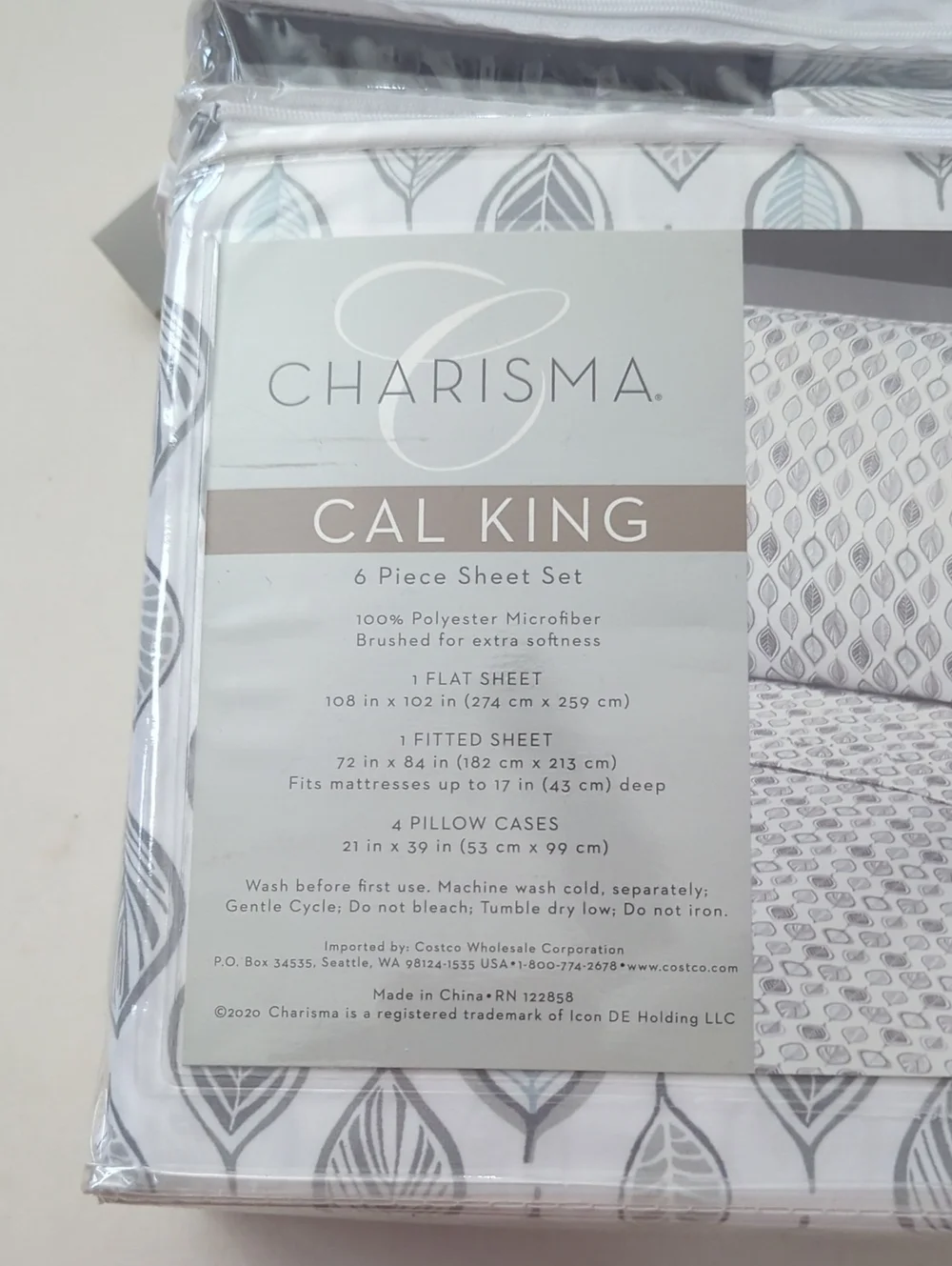Charisma Microfiber Cal King 6- Piece Sheet Set Leaves Grey